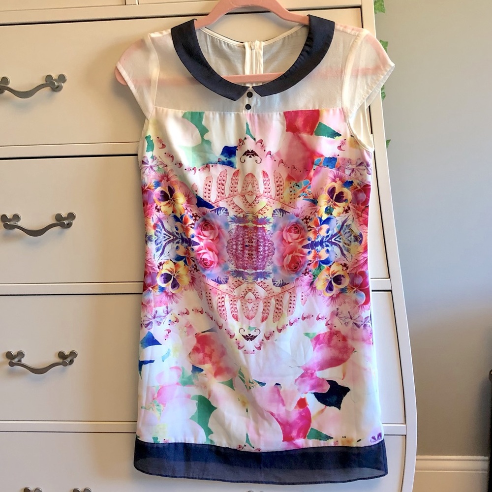 Vibrant Colorful Patterned Collared Mini Shift Dress (Size:Small) - Picture 1 of 8
